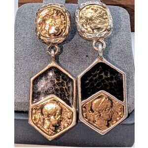 TAT 2 Two Toned 925 Posts & Sterling & 14K Plated Hammered Metal Drop Earrings